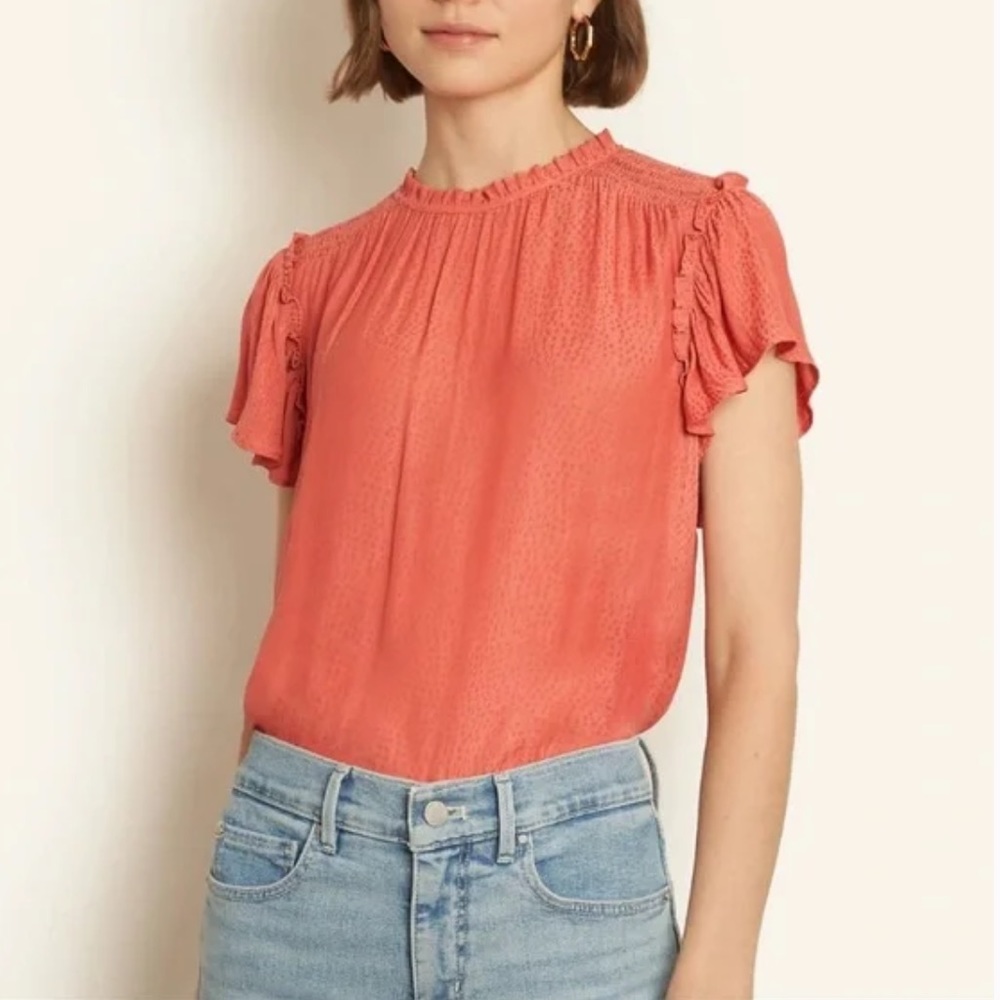 NWT Ann Taylor flutter sleeve coral polka dot smocked neck blouse Large P